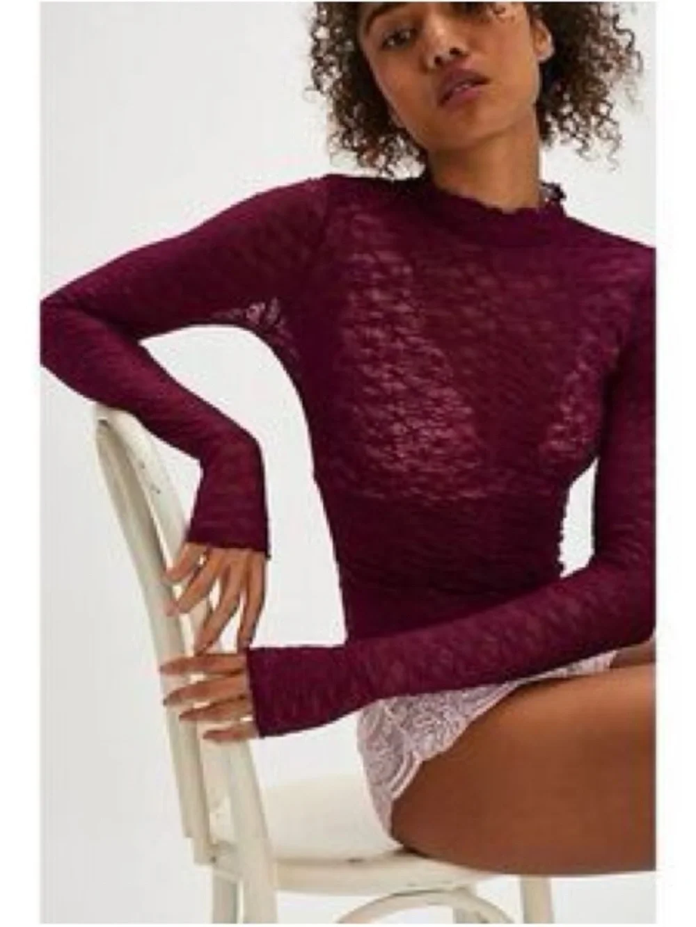 Free People Burgundy Sheer Lace Long Sleeve Top NEW